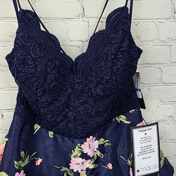 Macy's NWT Woman's Navy Floral Lace Up Formal Corset Prom Dress Homecoming Party - Picture 5 of 14